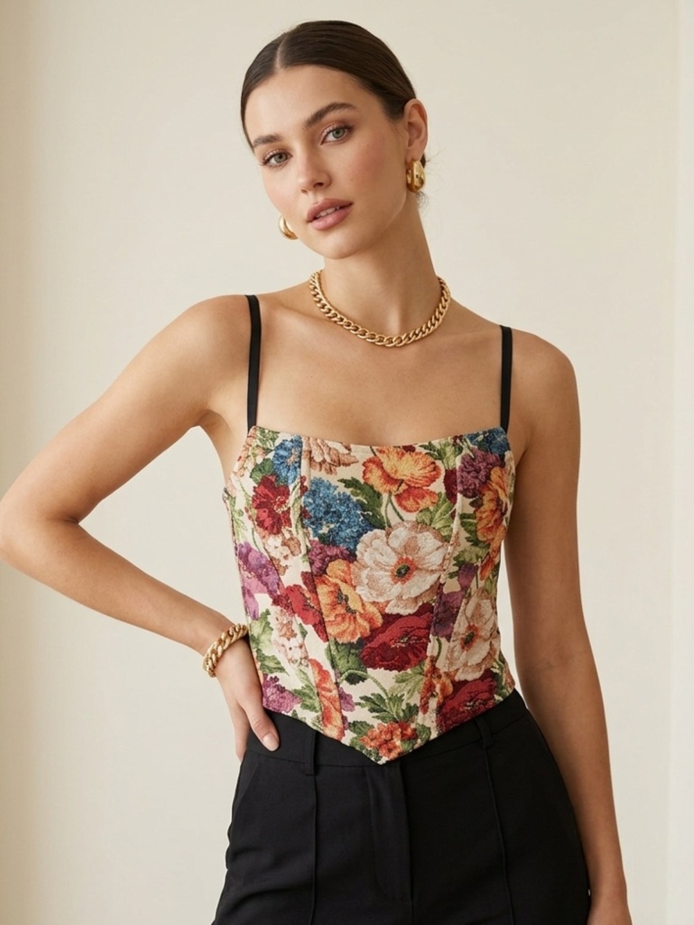 Commense Multicolor Floral Corset Crop Top